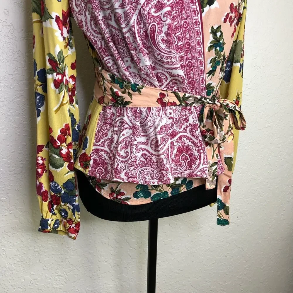 Anthropologie Meadow Rue yellow pink mixed floral wrap front top size 6 - Picture 5 of 16
